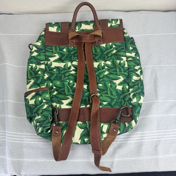 Tropical Banana Palm Leaf Canvas Leather Safari Backpack Bag Medium Green Brown main image 9